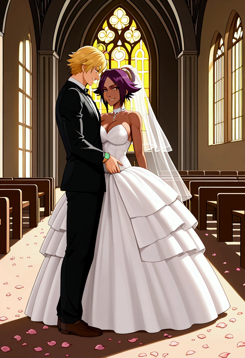 (8k, Best Quality,  anime style,  Watch Viewers , Bright atmosphere, smile, Teenage Girls,  intricate details :1.3),( 1 girl, Yoruichi from BLEACH, Big Breasts, I can see the valley, Nice body), ( wedding dress, Petals fluttering,  standing position where you can see your whole body, In front of the church)