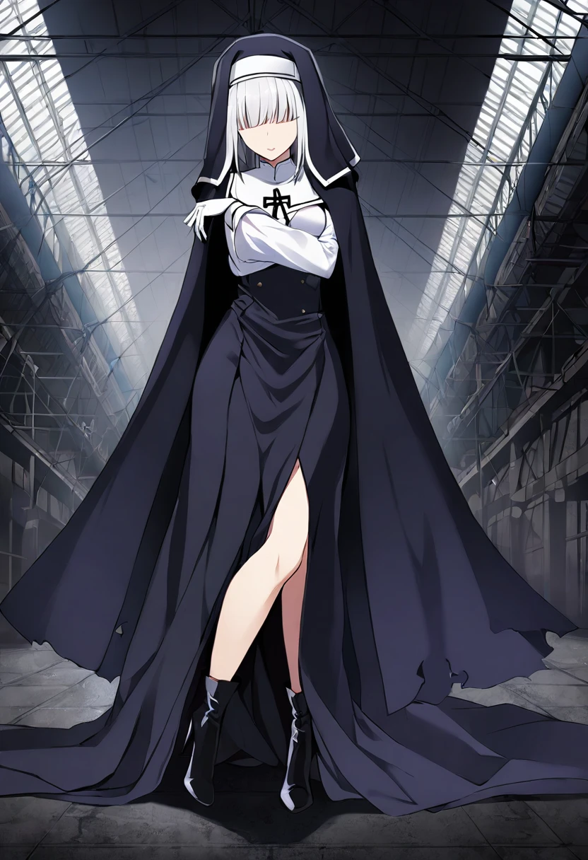 (1girl, solo) Nun, long skirt, long over loose sleeves, white gloves, faceless, handless, nun outfits, 
cape covering whole body, long cape, scary cape, sexy, sexy pose, heels boots, warehouse, her skirt got caught on floor gap