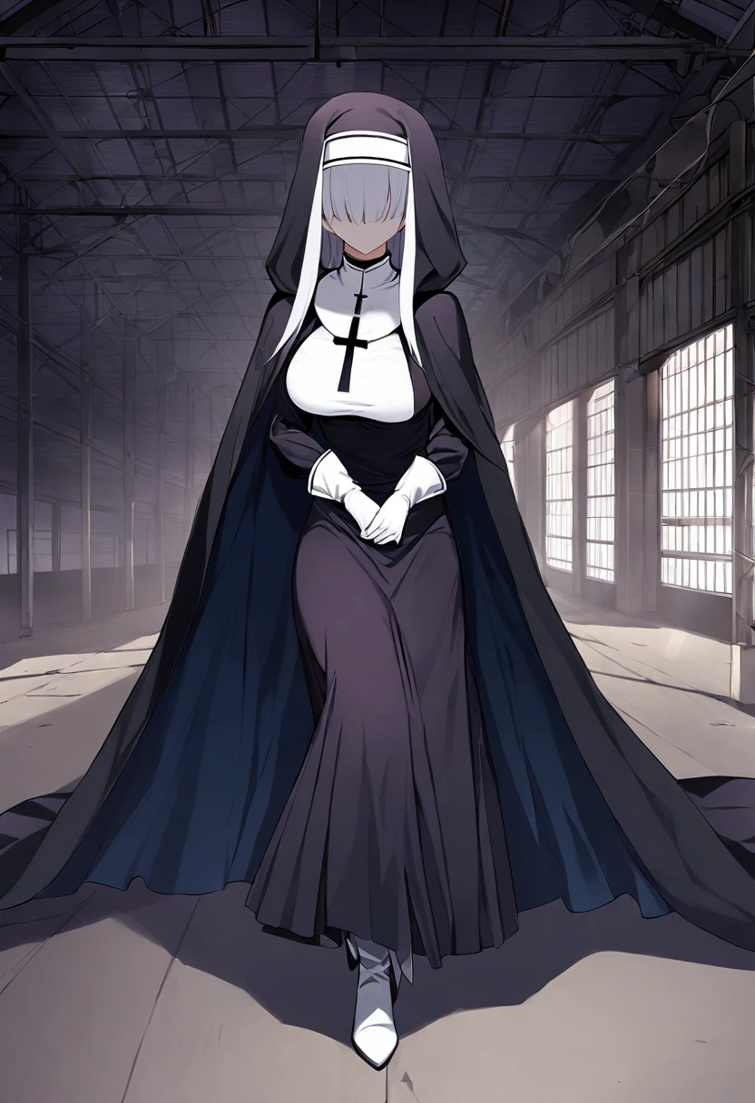 (1girl, solo) Nun, long skirt, long over loose sleeves, white gloves, faceless, handless, nun outfits, 
cape covering whole body, long cape, scary cape, sexy, sexy pose, heels boots, warehouse, her skirt got caught on floor gap