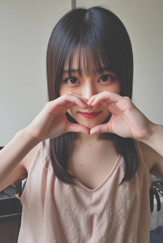 She is in a pose wearing a sexy camisole, making a firm big heart shape with both hands, and holding it in front of her chest, Cute smile up、Monotone background

