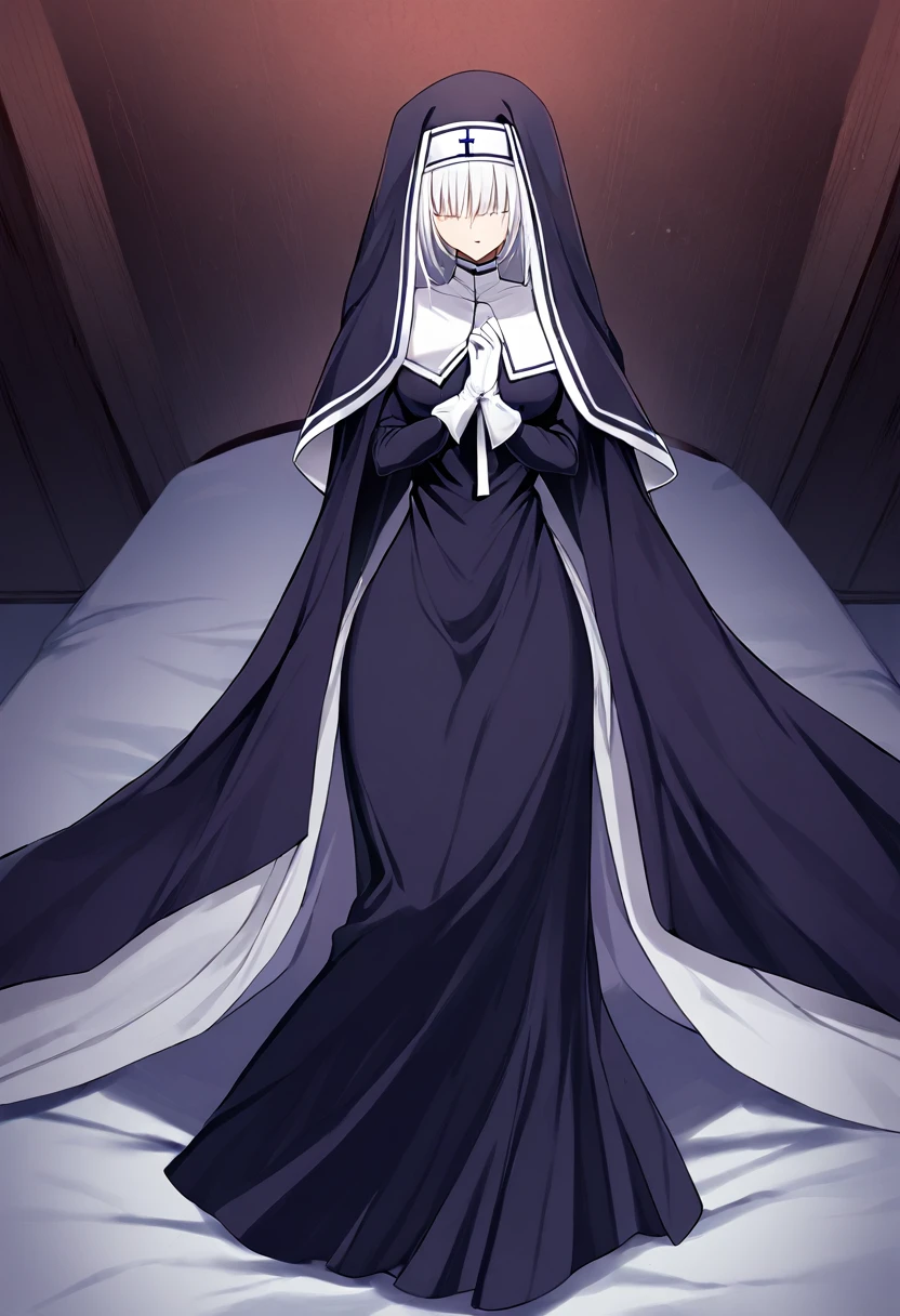 (1girl, solo) Nun, long skirt, long over loose sleeves, white gloves, faceless, handless, nun outfits, 
cape covering whole body, long cape, scary cape, sexy, sexy pose, laying down the bed, room