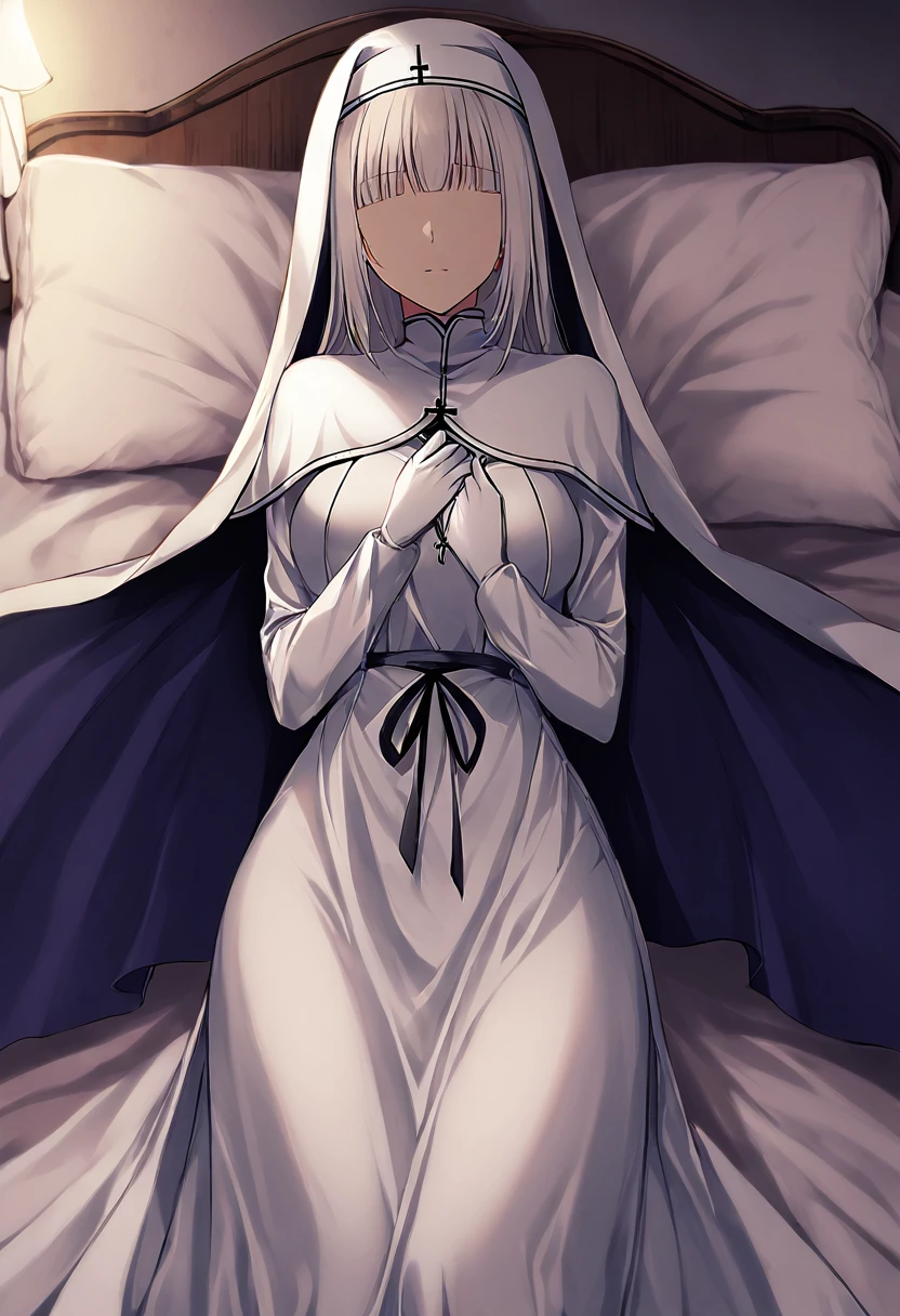 (1girl, solo) Nun, long skirt, long over loose sleeves, white gloves, faceless, handless, nun outfits, 
cape covering whole body, long cape, scary cape, sexy, sexy pose, laying down the bed, room