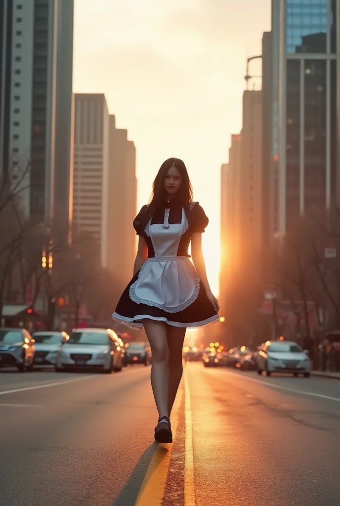 A confident young woman in a crisp black and white maid outfit strides purposefully down the city street as the sun sets behind her, casting a warm golden glow across her features. The modern skyscrapers and bustling urban landscape provide a striking contrast to her free-spirited gait, as if she's embracing the city's energy.