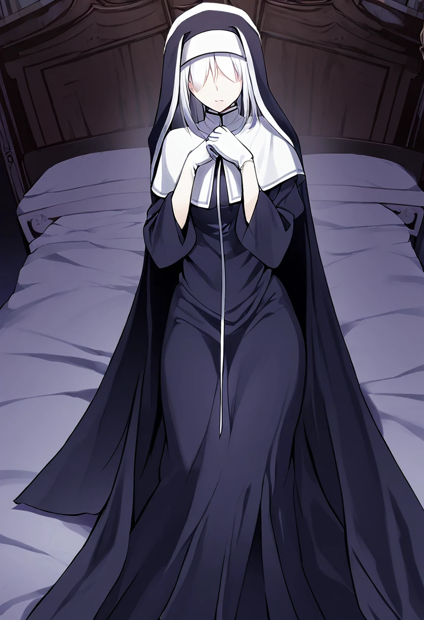 (1girl, solo) Nun, long skirt, long over loose sleeves, white gloves, faceless, handless, nun outfits, 
cape covering whole body, long cape, scary cape, sexy, sexy pose, laying down the bed, room, used cape to cover herself 