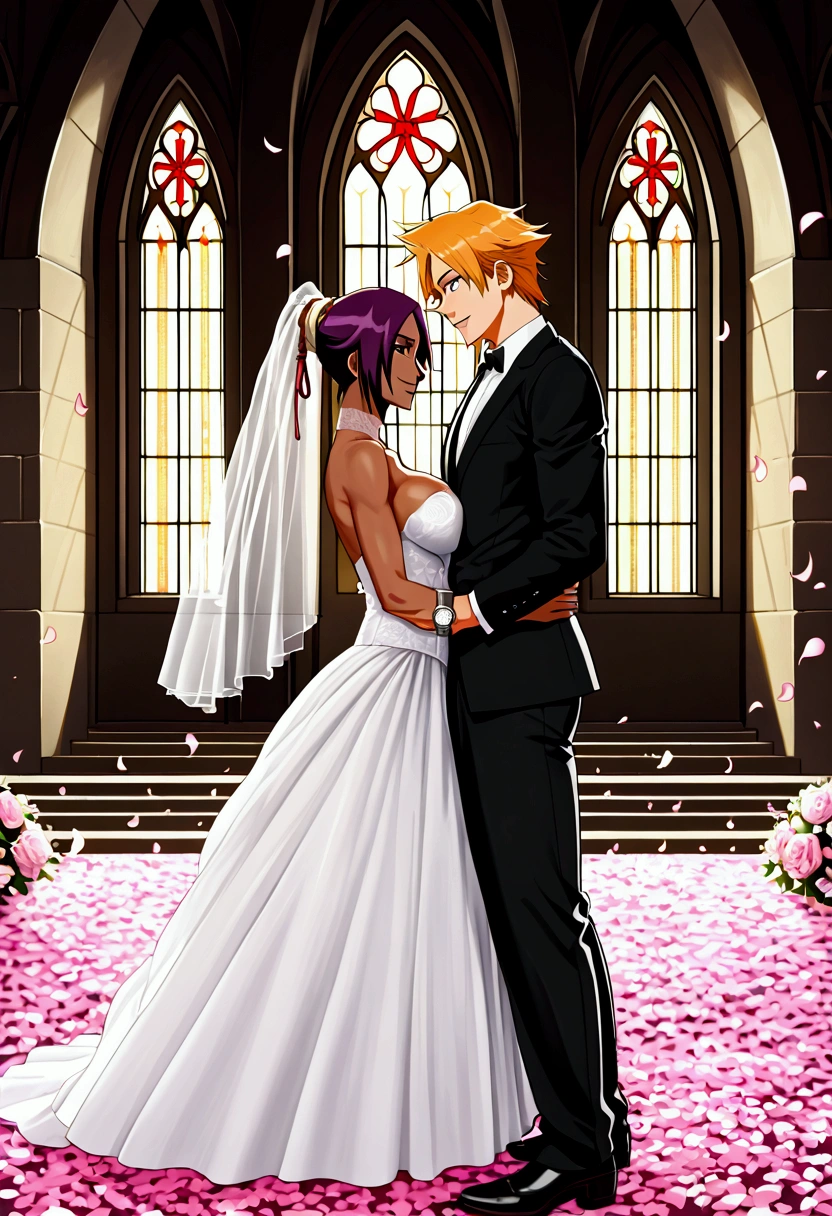 (8k, Best Quality,  anime style,  Watch Viewers , Bright atmosphere, smile, Teenage Girls, One person,  intricate details :1.3),( 1 girl, Yoruichi from BLEACH, Big Breasts, I can see the valley, Nice body), ( wedding dress, Petals fluttering,  standing position where you can see your whole body, In front of the church)