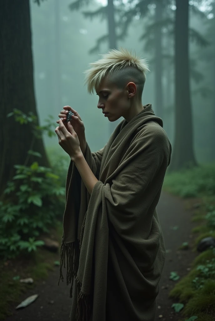 In the depths of a misty, rain-soaked forest, a lone, very thin nordic woman with spikey blonde asymmetrical pixie-cut hair shaved on one side examines a small, discarded piece of metal, holding it up to the diffuse light filtering through the canopy above. She wears a torn and moth eaten primitive shawl around her shoulders, newspapers about her waist and her bare feet rapped in rags. Her exposed ears are natural and free from any earrings or jewelry. Cinematographer Hoyte van Hoytema’s moody, natural lighting adds a muted green and gray wash to the scene, creating a quiet sense of isolation. The camera captures her in a medium close-up, with shallow depth of field emphasizing her interaction with the tiny object. Her intense focus on the metal fragment is filled with subtle vulnerability, mirroring the damp, oppressive atmosphere of the forest around her. In the style of Cinematographer Hoyte van Hoytema.