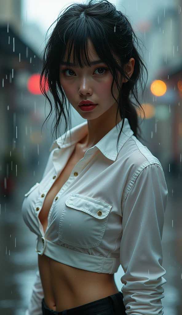 ((best quality, 8 thousand, masterpiece: 1.3)), sharp: 1.2, perfect body beauty: 1.4, slim abs: 1.2, ((layered hairstyle, big bust: 1.2)), (wet White Button Long Shirt: 1.1), (rain, distance: 1.2), wet: 1.5, Highly detailed face and skin textures, detailed eyes, double eyelid, Side face looking at the camera, nude, naked
