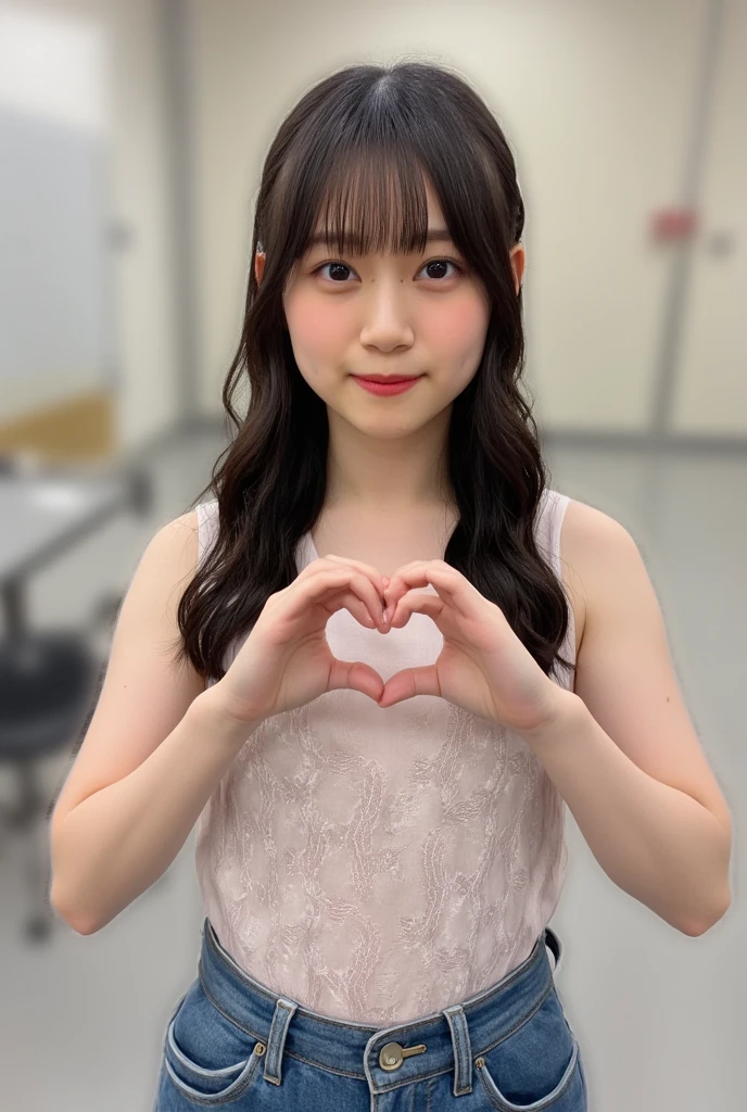 She is in a pose wearing a sexy camisole, making a firm big heart shape with both hands, and holding it in front of her chest, Cute smile up、Monotone background

