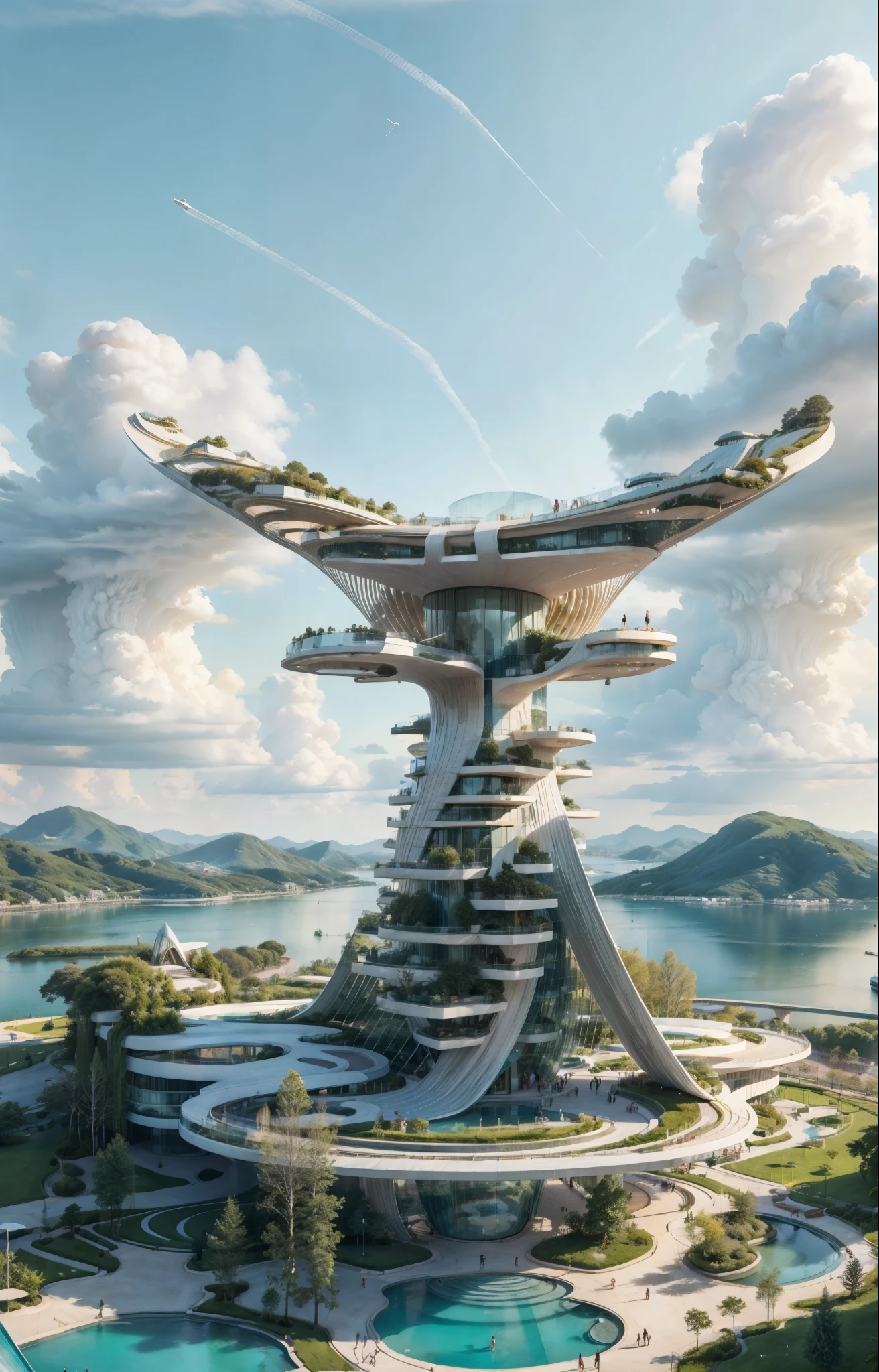  Amazing Building by zaha hadid, tower high in blue sky, by syd mead, there is  park on the ground ,trees.  people walking, pools, clear blue sky, realistic