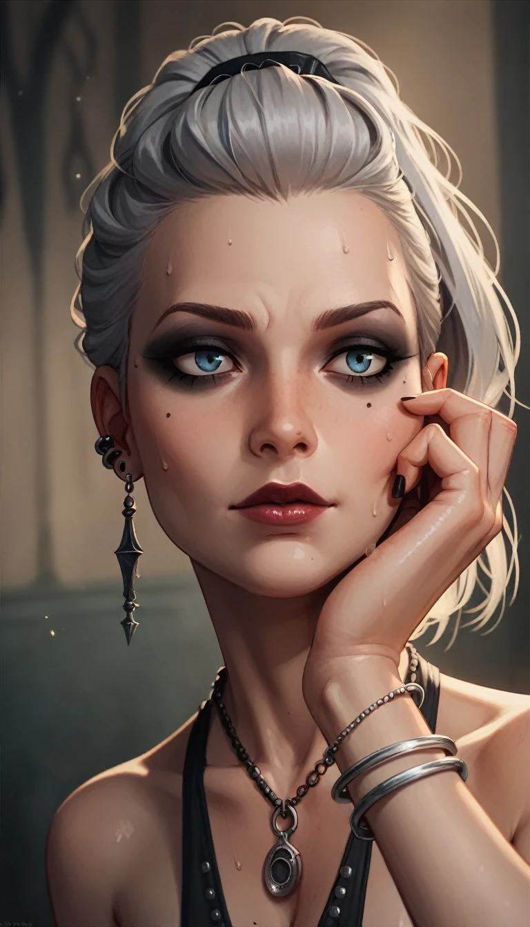 High quality, rich in detail, twin-tailed silver-haired girl posing cutely. They wear vintage Gothic gothic clothes, wearing bracelets, earrings and necklaces. Big are also visible. The photo is a close-up of the face, with cleavage, shiny breasts, sweat in the cleavage, and a sexy vibe.