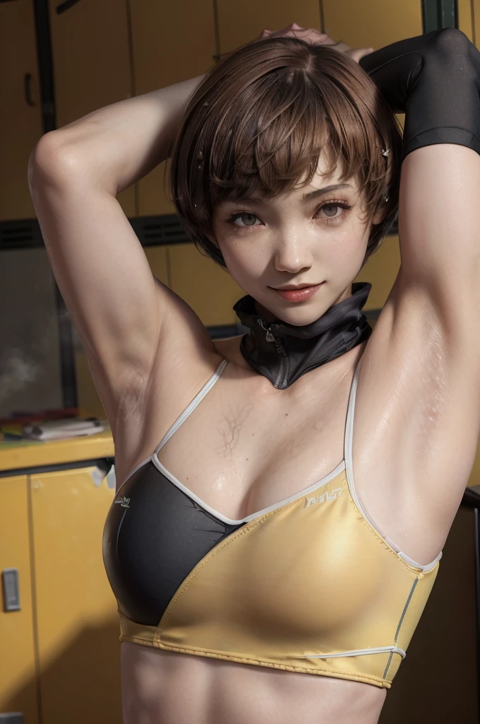 masterpiece,beautiful,最 high quality,Super detailed,Exquisite,  very detailed,  high quality,  very detailed,hughres,4K,8k，NSFW，(persona4:1.5)，( Satonaka Chie:1.5)，(smile:1.5)，((( short bob,Brown Hair:1.5)))，( locker room :1.5)，((Steam，Steaming:1.3))，(((脇の皺， shows armpits，Armpit:1.3)))，(School Swimsuit,ALL-black competitive swimsuit ,A competitive swimsuit that sticks perfectly to the skin:1.5), 