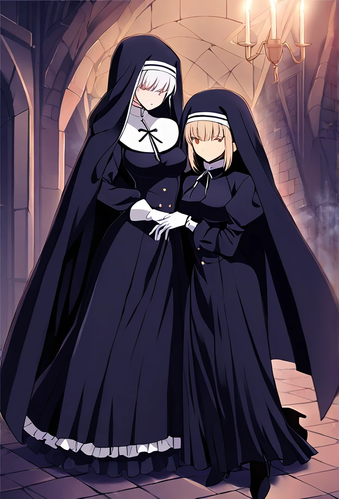 (2girls, couple) Nun, long skirt, long over loose sleeves, white gloves, faceless, handless, nun outfits, 
cape covering whole body, long cape, scary cape, sexy, sexy pose, heels boots, room, cute hugging together