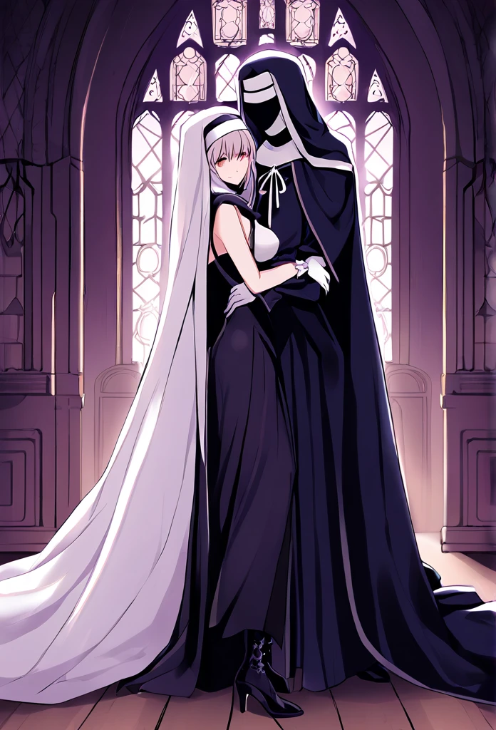 (2girls, couple) Nun, long skirt, long over loose sleeves, white gloves, faceless, handless, nun outfits, 
cape covering whole body, long cape, scary cape, sexy, sexy pose, heels boots, room, cute hugging together