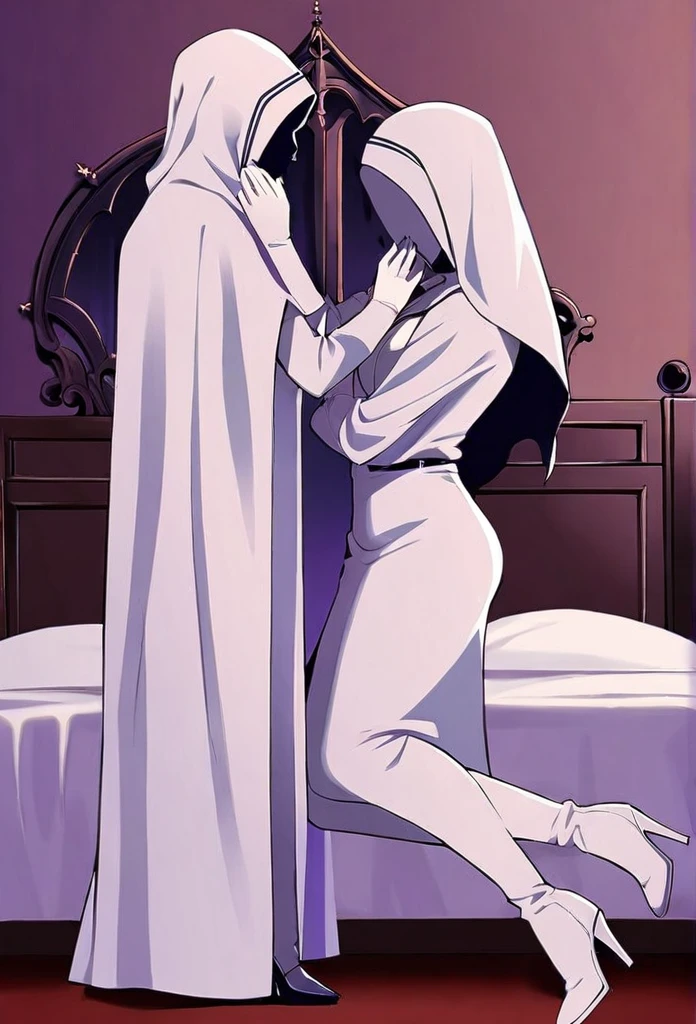 (2girls, couple) Nun, long skirt, long over loose sleeves, white gloves, faceless, handless, nun outfits, 
cape covering whole body, long cape, scary cape, sexy, sexy pose, heels boots, room, bed, sleeping together