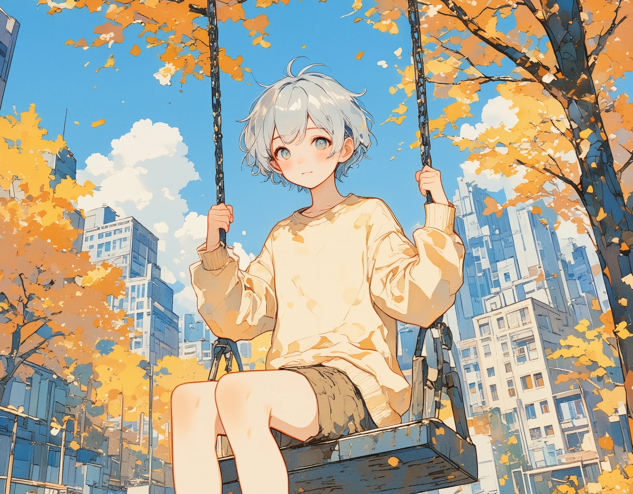 {fine line, traditional media, (light watercolor:1.2), illustration of adorable character, depicted with great detail and precision on aged paper}. A  sitting on a swing and smiling at me, the boy is wearing a warm looking clean beige sweater and khaki cotton shorts, the background is a city park with a cool autumn atmosphere with blue sky and autumn trees. BREAK, 1boy, (), solo, (about ), (shiny silver hair), (very short hair, pixie cut), (Flat chest), (skin gloss), (detailed clear eyes, detailed cute face), ((from side front view)), looking at viewer, BREAK, (full color), best quality, top quality, (absurd-resolution), (ultra-detailed), ((masterpiece, 8k)), (beautiful detailed background), (detailed shading), perfect hands, good anatomy, (Perfect Swing and Swing Chain),