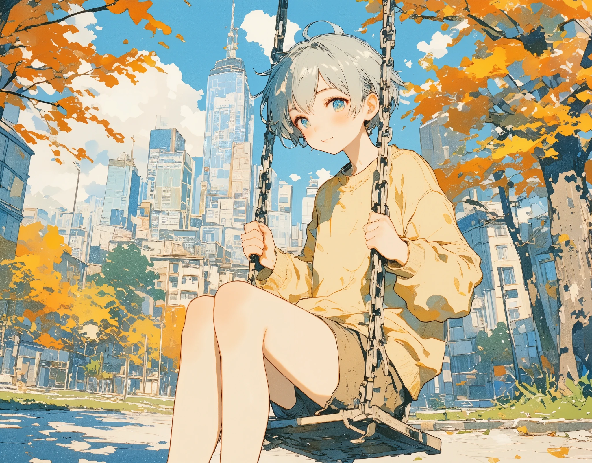 {fine line, traditional media, (light watercolor:1.2), illustration of adorable character, depicted with great detail and precision on aged paper}. A  sitting on a swing and smiling at me, the boy is wearing a warm looking clean beige sweater and khaki cotton shorts, the background is a city park with a cool autumn atmosphere with blue sky and autumn trees. BREAK, 1boy, (), solo, (about ), (shiny silver hair), (very short hair, pixie cut), (Flat chest), (skin gloss), (detailed clear eyes, detailed cute face), ((from side front view)), looking at viewer, BREAK, (full color), best quality, top quality, (absurd-resolution), (ultra-detailed), ((masterpiece, 8k)), (beautiful detailed background), (detailed shading), perfect hands, good anatomy, (Perfect Swing and Swing Chain),