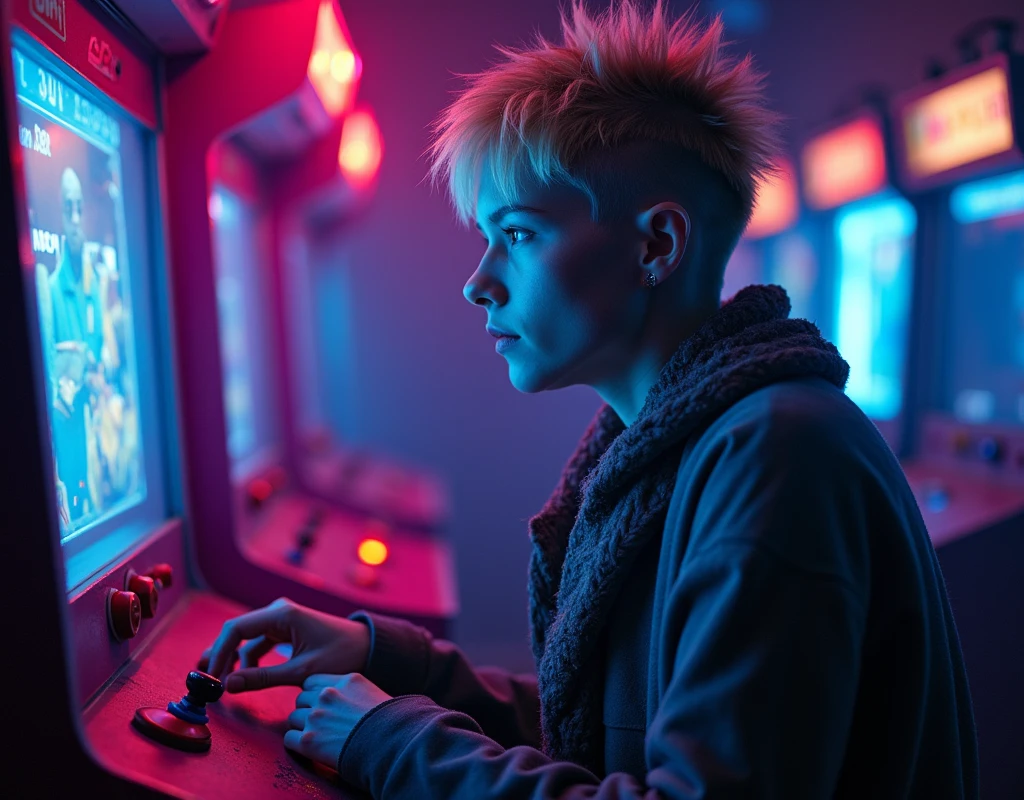 "Surrounded by the eerie glow of neon arcade machines, a lone, fiercely thin nordic woman with spikey blonde asymmetrical pixie-cut hair shaved on one side taps experimentally at the buttons of a game, her face flickering between blue and magenta hues in the dark room. She wears a small torn and moth eaten primitive shawl around her shoulders, newspapers about her waist and her bare feet are rapped in rags. Her exposed ears are natural and free from any earrings or jewelry. Cinematographer Natasha Braier's colorful, surreal lighting highlights her sense of awe as the screen lights her wide-eyed expression, capturing both confusion and wonder. The camera frames her in a medium close-up, emphasizing the contrasting tones of her primitive appearance against the stark, artificial glow of modern technology, creating a dreamlike atmosphere full of contrasts."

