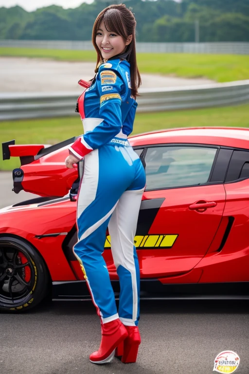 (Best Quality, 8k,), skin-tight costume ,  Heavy chest, ( Japanese Female Race Queen:1.1), (Detailed Circuit :1.2), While shooting at the circuit ,  standing in front of a racing car, Holding an umbrella, young, beautiful,  Race Queen Model , look at me, whole body, Showing her ass , Not wearing bottoms ,