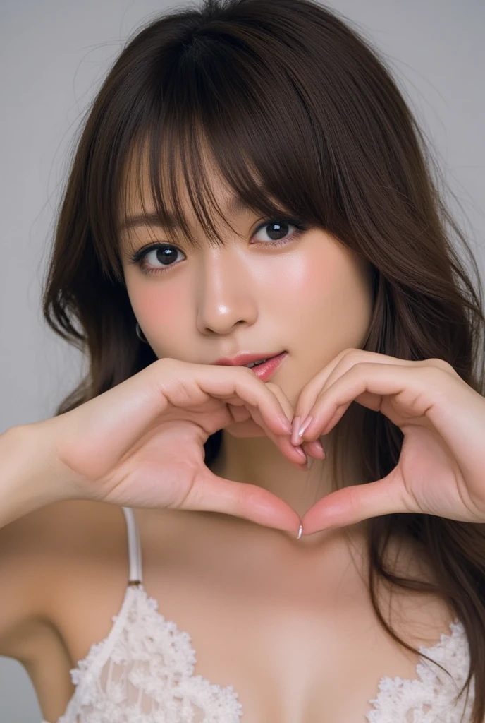 She is in a pose wearing a sexy camisole, making a firm big heart shape with both hands, and holding it in front of her chest, Cute smile up、Monotone background

