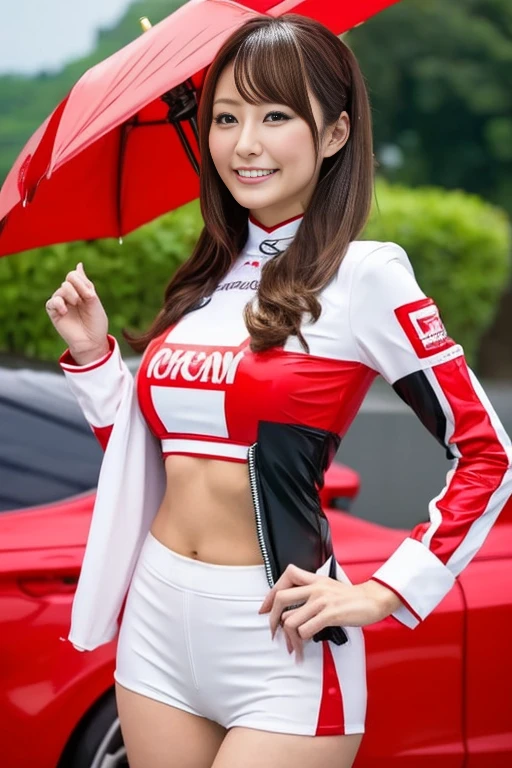 (Best Quality, 8k,), skin-tight costume ,  Heavy chest, ( Japanese Female Race Queen:1.1), (Detailed Circuit :1.2), While shooting at the circuit ,  standing in front of a racing car, Holding an umbrella, beautiful,  Race Queen Model , look at me, whole body, Showing her ass , Not wearing bottoms , Showing skin, 