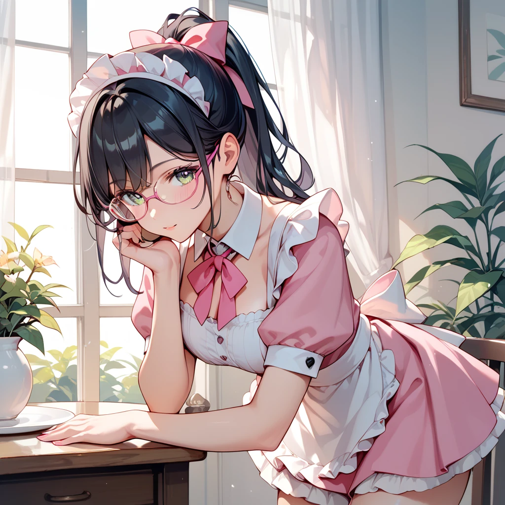 Black Hair,  long hair, ponytail,Glasses, pink maid clothes ,Pink Skirt, pink tie ,Thighs,Maid Cafe