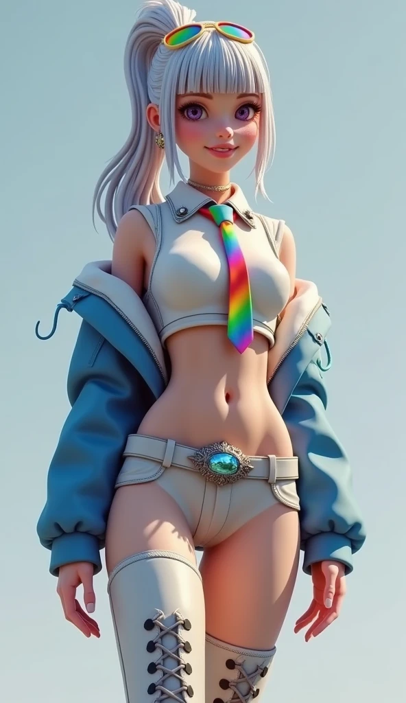 Super realistic illustration, Cinema 4D rendering, 1 girl, solo, full body, Standing, contrapposto, smiling, purple eyes, ponytail silver hair, bangs, wearing white and blue long sleeve short flight jacket over white sleeveless collared crop top, rainbow tie, earrings, rainbow reflection sunglasses on head, midriff, low rise shorts, groin, waist belt with shining blue stone buckle, thighs high pantyhose, lace-up military boots, nothing in hands, simple background