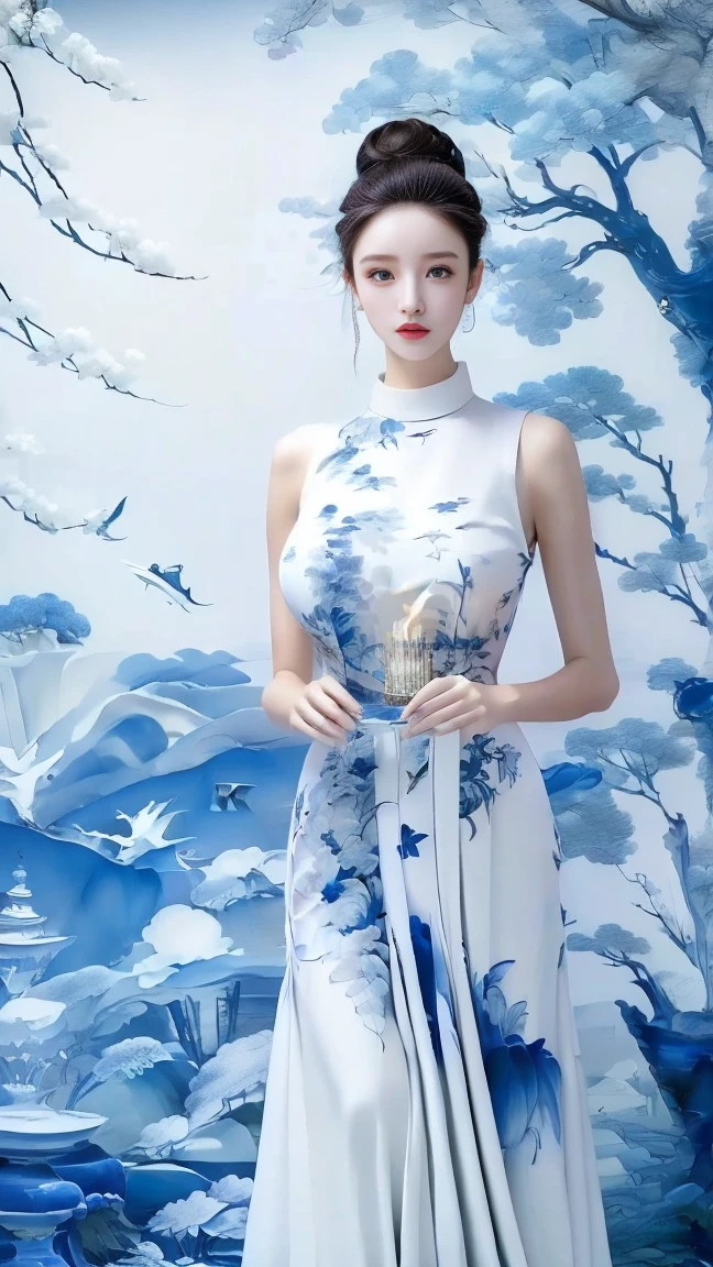 (( best quality, 8K,  masterpiece  :1.3)), 1 Girl,  pretty woman , emphasizes slender abs  :1.3, (Random Hairstyle,  Huge breasts  :1.2), Oversized vest  :1.2,  Ultra Fine Facial,  delicate eyes , Double eyelids，Slim and graceful，The fan in my hand ， white cranes painted in ink on the fan