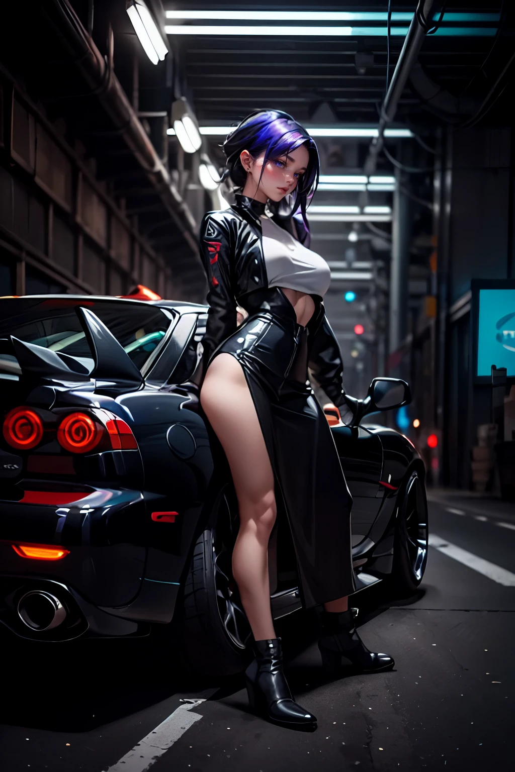 Tuned RX7 and a pretty girl , Widebody kit , Deep rim wheel ,Custom car , cyberpunk , high definition, High Details,