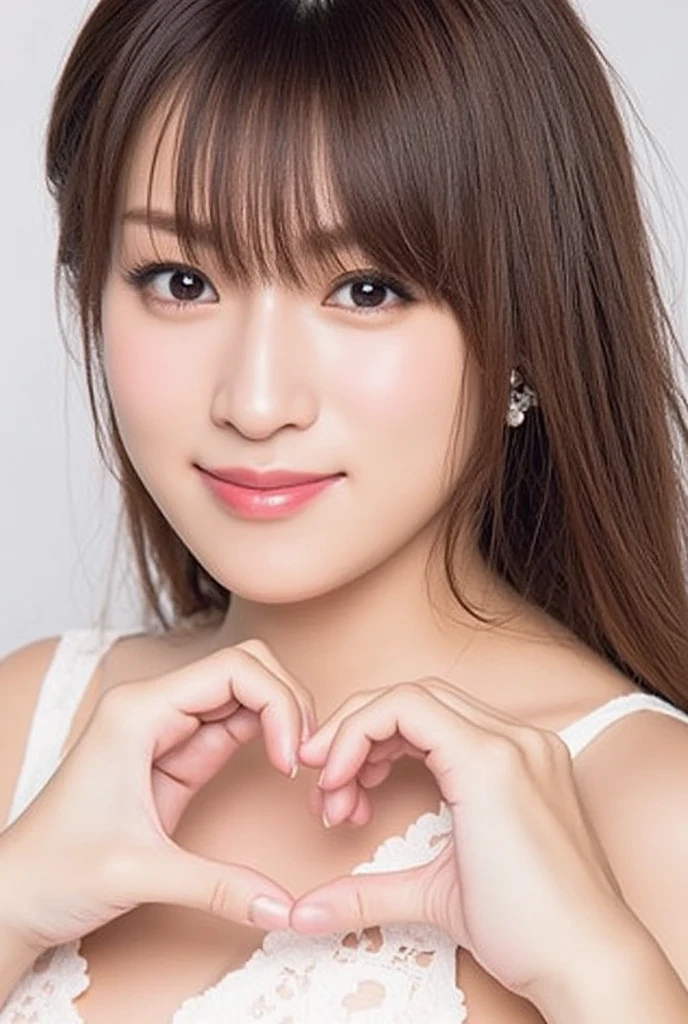 She is in a pose wearing a sexy camisole, making a firm big heart shape with both hands, and holding it in front of her chest, Cute smile up、Monotone background

