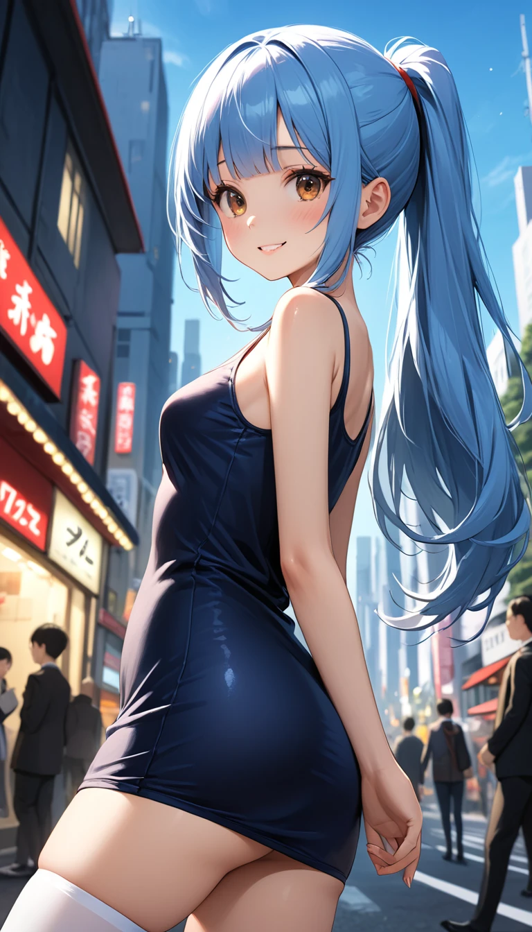 ((masterpiece,Best Quality:1.3,best quality illustrations)),cowboy shot,1woman,adult,(ponytail),straight long hair,light_blue hair,(very small head:1.2),bangs,gorgeous eyes,brown eyes,,smile,blush,(very long body),small breasts,(dark blue Tank mini dress,white_thighhighs),slender body,toned body,shiny skin,on street,neon、Shinjuku、Tokyo、