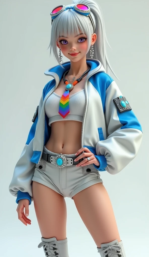 Super realistic illustration, Cinema 4D rendering, 1 girl, solo, full body, Standing, contrapposto, smiling, purple eyes, ponytail silver hair, bangs, wearing white and blue long sleeve short flight jacket over white sleeveless collared crop top, rainbow tie, breasts, earrings, rainbow reflection goggles on head, midriff, low rise shorts, groin, waist belt with shining blue stone buckle, thighs high tights, lace-up military boots, nothing in hands, simple background