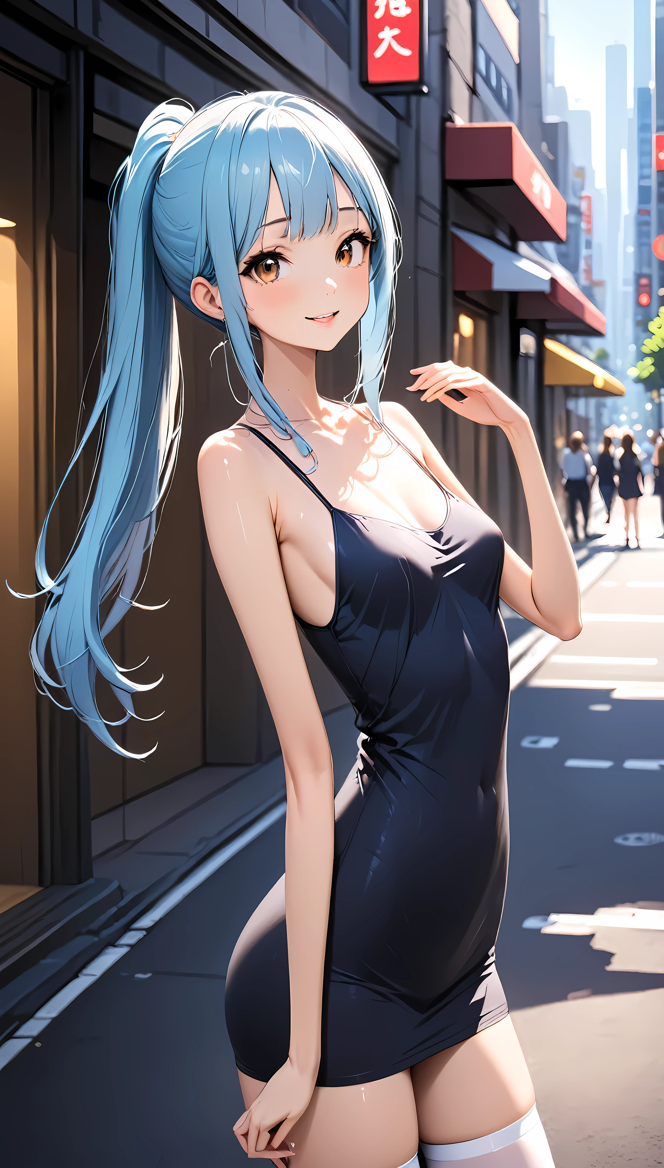 ((masterpiece,Best Quality:1.3,best quality illustrations)),cowboy shot,1woman,adult,(ponytail),straight long hair,light_blue hair,(very small head:1.2),bangs,gorgeous eyes,brown eyes,,smile,blush,(very long body),small breasts,(dark blue Tank mini dress, slit 、white_thighhighs),slender body,toned body,shiny skin,on street,neon、Shinjuku、Tokyo、