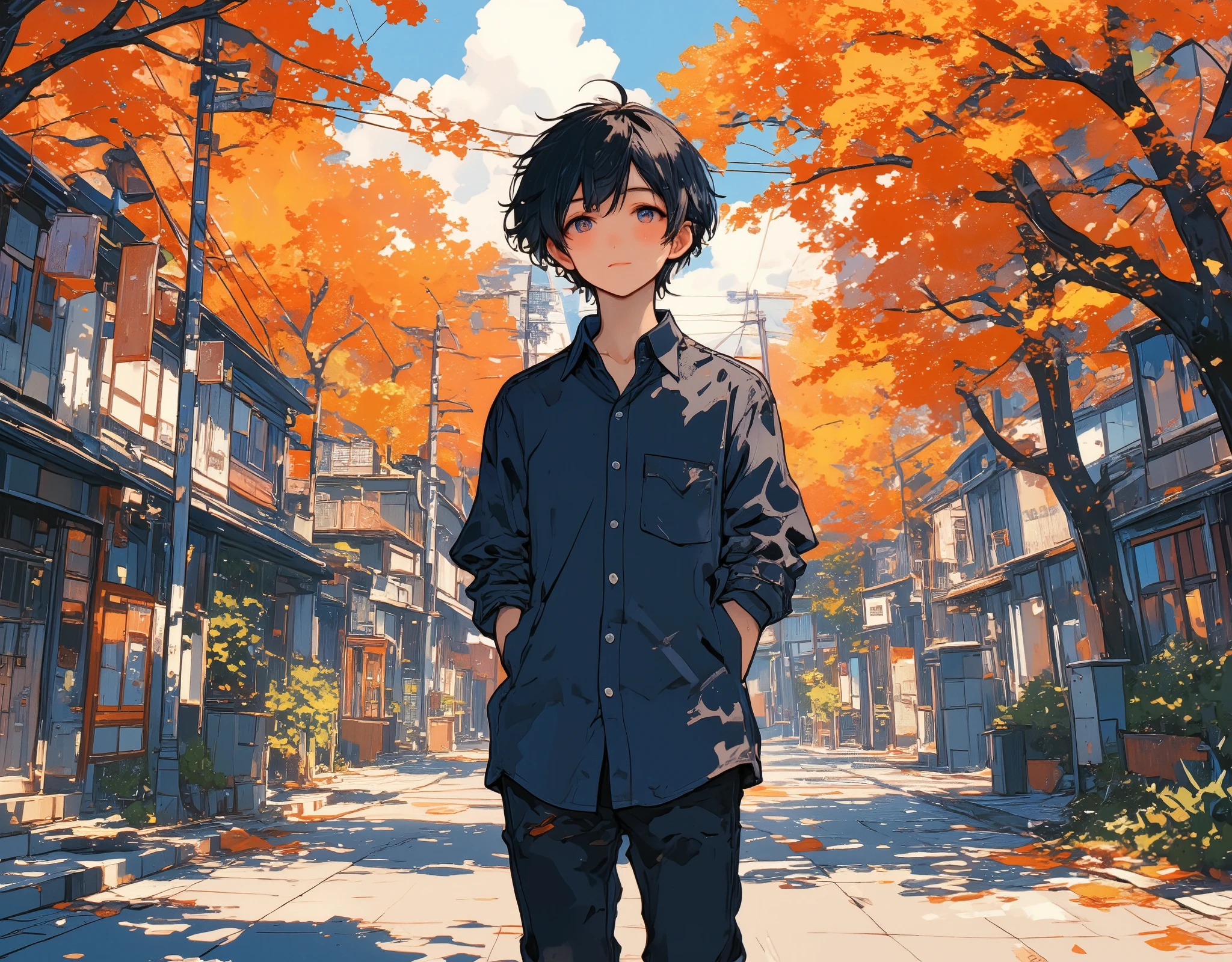 1boy, young boy, solo, (about 18 years old), (very short hair), (black hair), (half open eyes), (smiling), ((navy blue shirt)), (dark jeans), (autumn foliage on the street trees), (best quality, high quality, top quality), (masterpiece), 8k, absurd-resolution, (detailed shading), (from front view), (looking at me), (cowboy shot), ((tilt your head to the side:1.4)), ((arms behind back)), vibrant colors, full colors, super fine illustration,