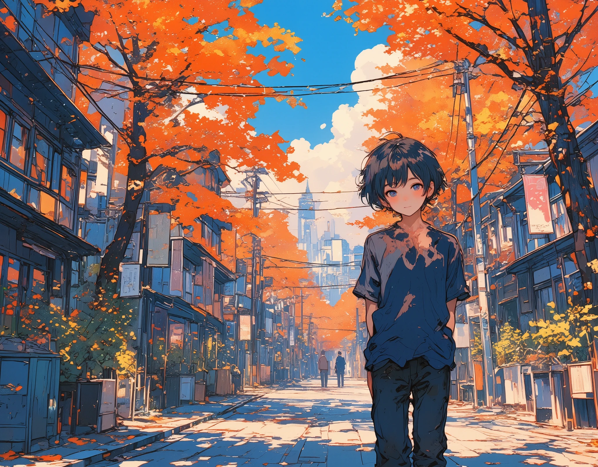 1boy, young boy, solo, (about 18 years old), (very short hair), (black hair), (half open eyes), (smiling), ((navy blue shirt)), (dark jeans), (autumn foliage on the street trees), (best quality, high quality, top quality), (masterpiece), 8k, absurd-resolution, (detailed shading), (from front view), (looking at me), (cowboy shot), ((tilt your head to the side:1.4)), ((arms behind back)), vibrant colors, full colors, super fine illustration,