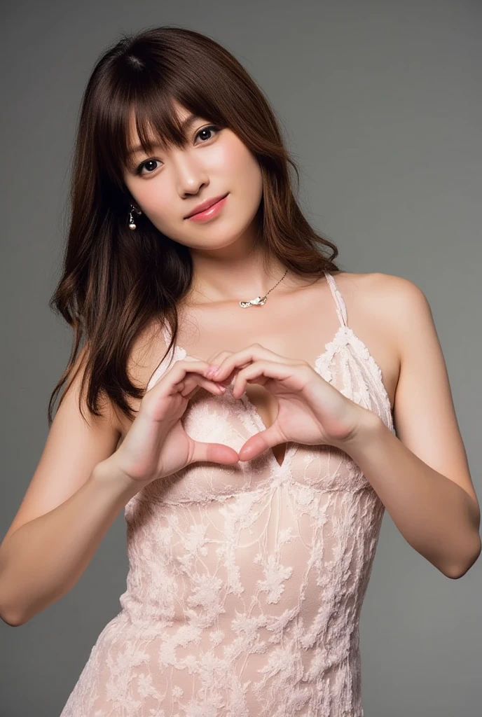 She is in a pose wearing a sexy camisole, making a firm big heart shape with both hands, and holding it in front of her chest, Cute smile up、Monotone background

