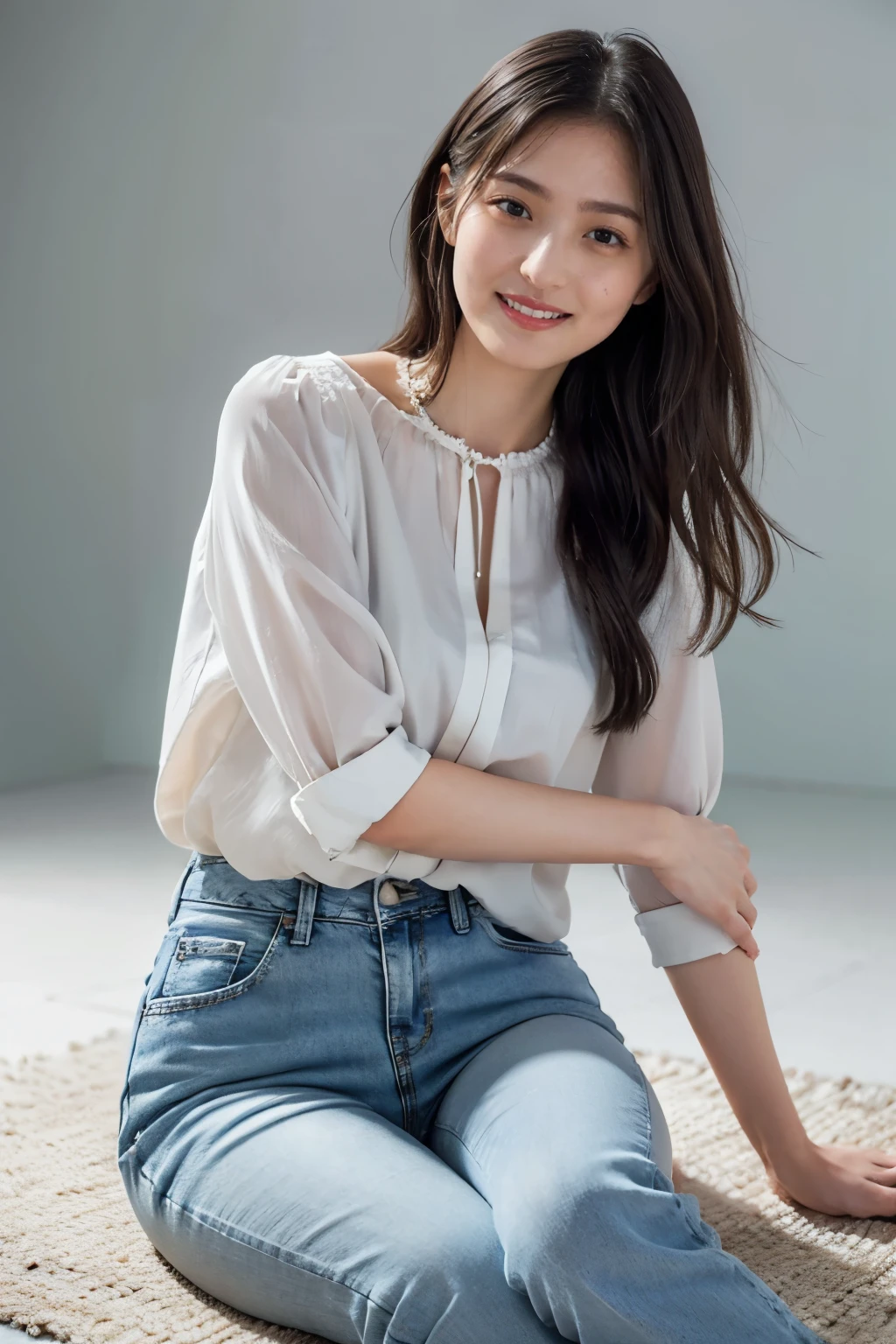 Highest quality,masterpiece,Ultra-high resolution,(Actual:1.4),Original photo,Ultra-high resolution,8K,There are also women,She is sitting on the floor. Fair skin、She is wearing a short-sleeved white blouse and jeans.,She is smiling,
Long legs:1.5,Bright and beautiful,high waist,,Gray background,