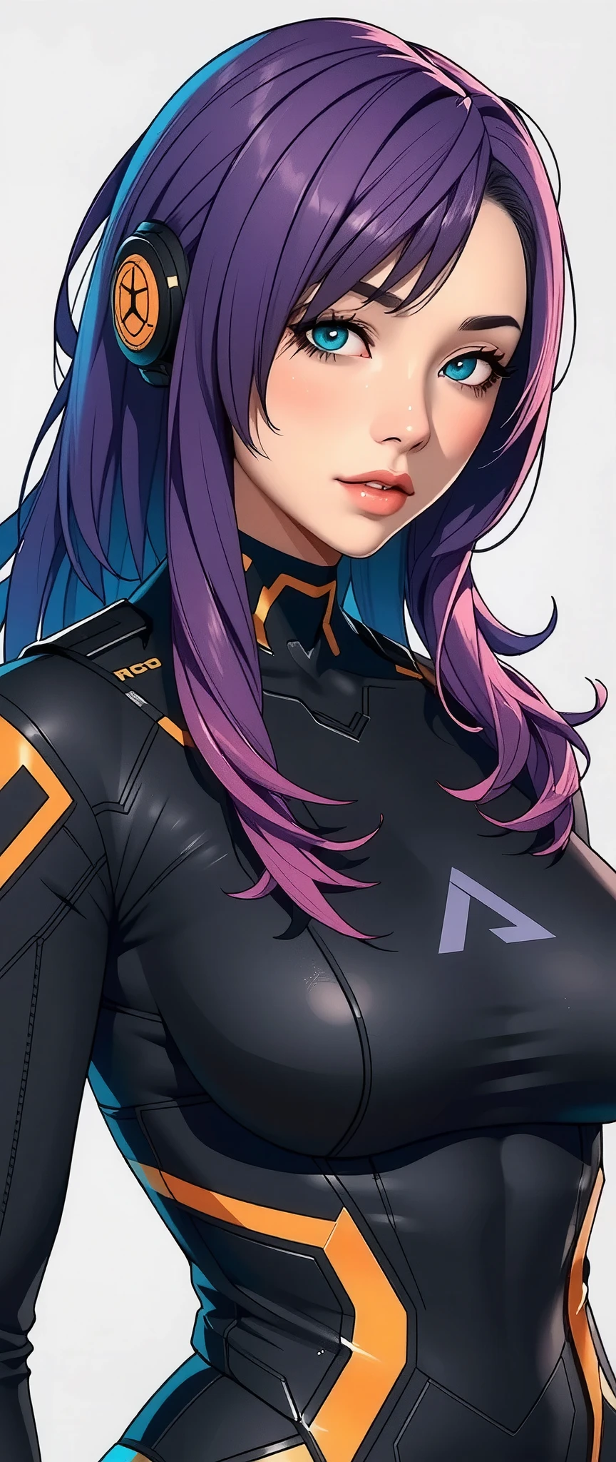 (masterpiece:1.2,Outstanding quality,Mirror finish,  A Cinematic Experience ),16k, wallpaper,( semi-realistic purple and green and orange hair:2.0),(whole body:2.0), flat color ,(Beautiful android woman with gray and white background :2.0),( cyberpunk:2.0),( Anime Artwork ), Beautiful Gradients ,( super sexy:2.0),( Perfect Proportions :2.0)