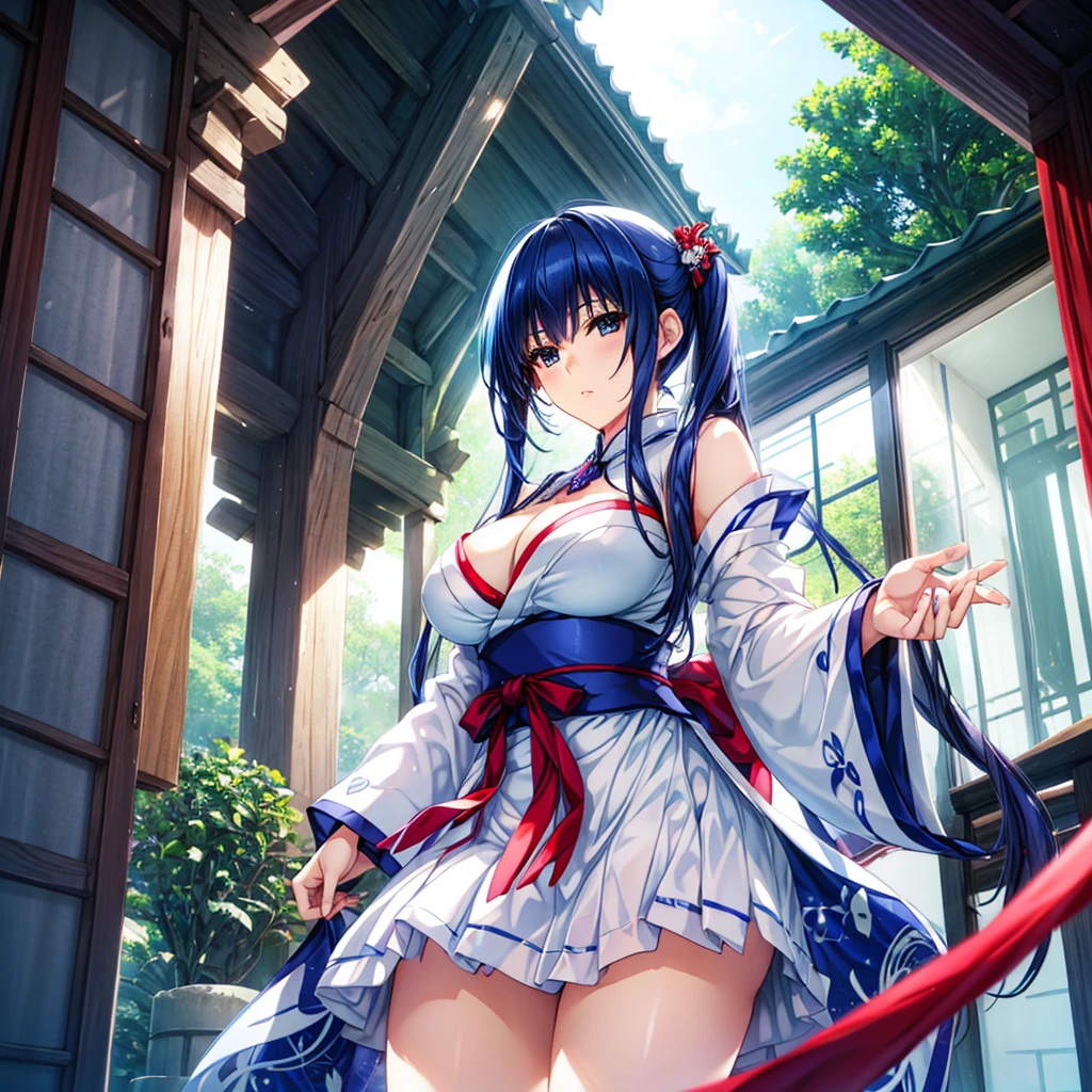 ((Beautiful ultramarine blue hair 、Tree Eyes、Shrine maiden costume、 white kimono、 red pleated miniskirt holding a bill、White string panties、Big Breasts、 cleavage、Captivating thighs、geta、 holding an amulet in her hand、 adult woman on the house、from below、serious))、 glamorous body、Extremely sexy、White tabi socks、Moonlit Night、 standing 、Beautiful long legs、 cowboy shot、from below