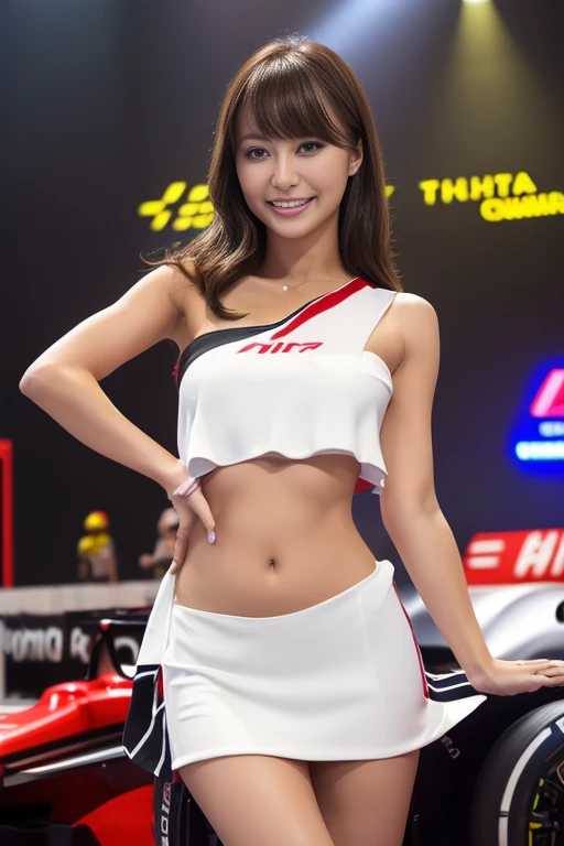 ((( one shoulder grid girl costume))),(((Show off your décolletage))),(((Exposing inner thighs))),(((Showing off a Formula One car))),urzzang-6500-v1 .1, ( RAW Photos:1.2), (Realistic:1.4),   bound saddle  ,  Highly Detailed Eyes and Faces ,  beautiful detailed eyes, Super detailed,  high definition, top-quality, ​masterpiece,  high definition, 8k wallpaper,  wonderful, Detailed , top-quality,  Eyes , movie lighting , one girl,(Automobile racing track), beautiful eyes,smile, opens her mouth, (( pose in front of a racing car under the bright lights on the motor show special effects stage))