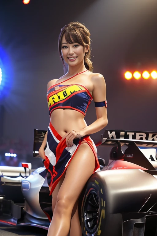 ((( one shoulder grid girl costume))),(((Show off your décolletage))),(((Exposing inner thighs))),(((Showing off a Formula One car))),urzzang-6500-v1 .1, ( RAW Photos:1.2), (Realistic:1.4),   bound saddle  ,  Highly Detailed Eyes and Faces ,  beautiful detailed eyes, Super detailed,  high definition, top-quality, ​masterpiece,  high definition, 8k wallpaper,  wonderful, Detailed , top-quality,  Eyes , movie lighting , one girl,(Automobile racing track), beautiful eyes,smile, opens her mouth, (( pose in front of a racing car under the bright lights on the motor show special effects stage))