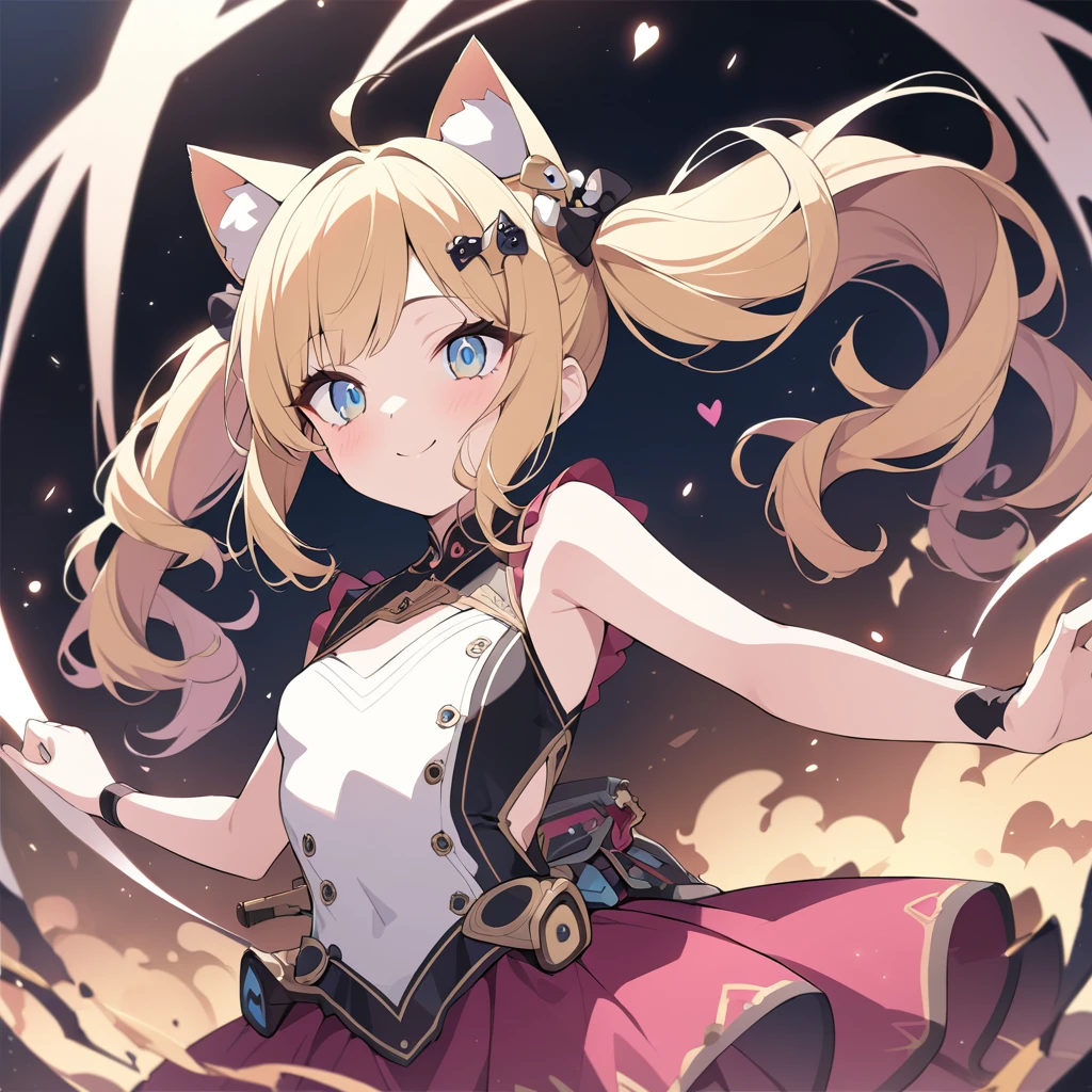 Absurd,anime,（A cane with a complex structure:1.5）,Detailed and beautiful eyes,(art),(artistic clothing:1.5),Cat costume,HEART,sleeveless,Blonde, twin tails,smile,(a girl:1.5),from the waist up,(small breasts:1.2),(small chest:1.2),mysterious,Hello,(Large detailed hair ornament:1.2),(look away:1.5),detailed clothes,Flashy Moves,Mechanical,masterpiece, moe kawaii,abyss,luster,lame,(ultra detailed:1.2), ((highest quality)) ,Extremely Delicately Beautiful ,64k