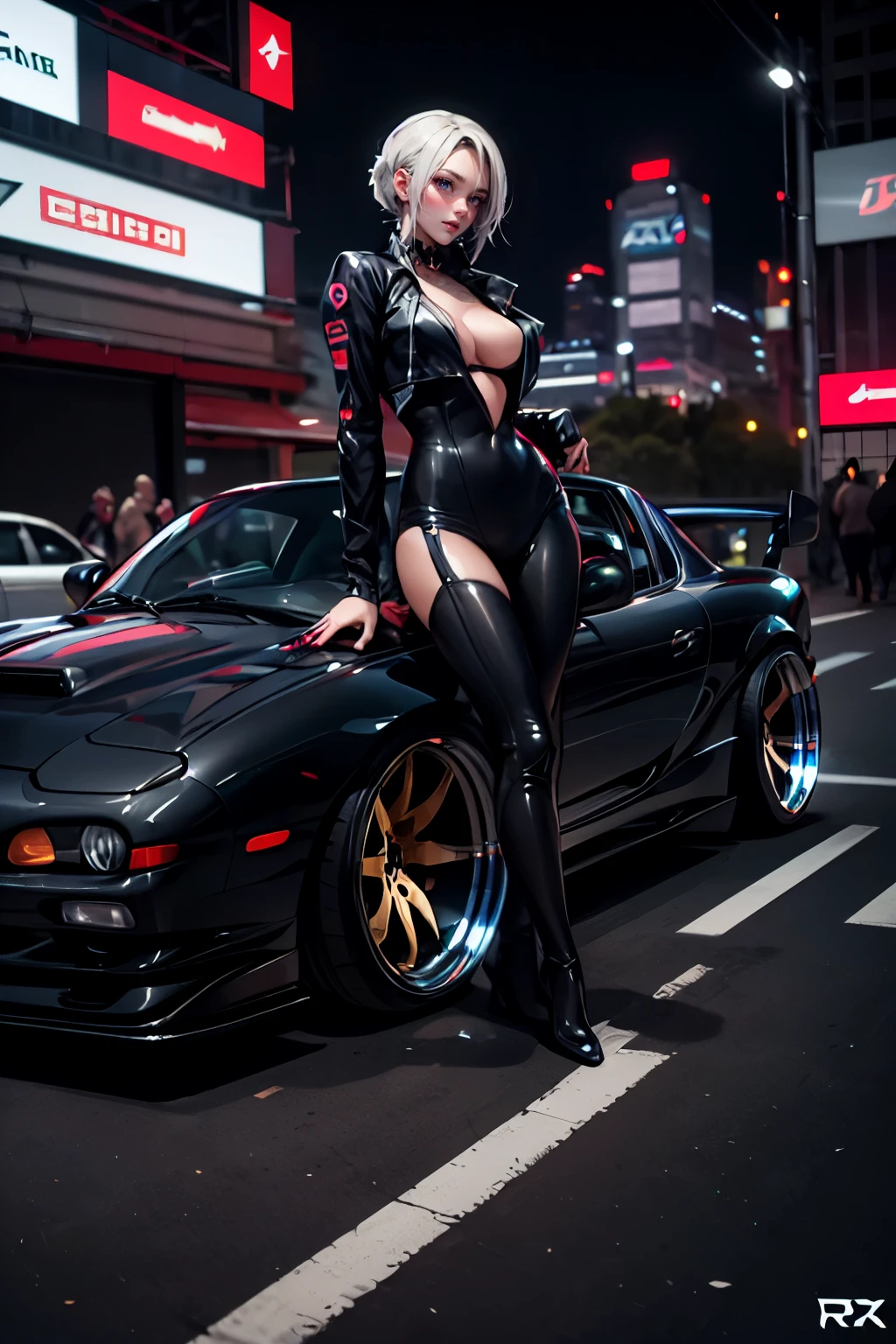 Pretty girl next to a tuned RX7 , Widebody kit , Deep rim wheel ,Custom car , cyberpunk , high definition, High Details,