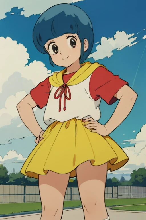 masterpiece, best quality, high resolution, solo, 1girl, morisawa, standing, hands on hips, outdoors, suburban, blue sky and clouds,