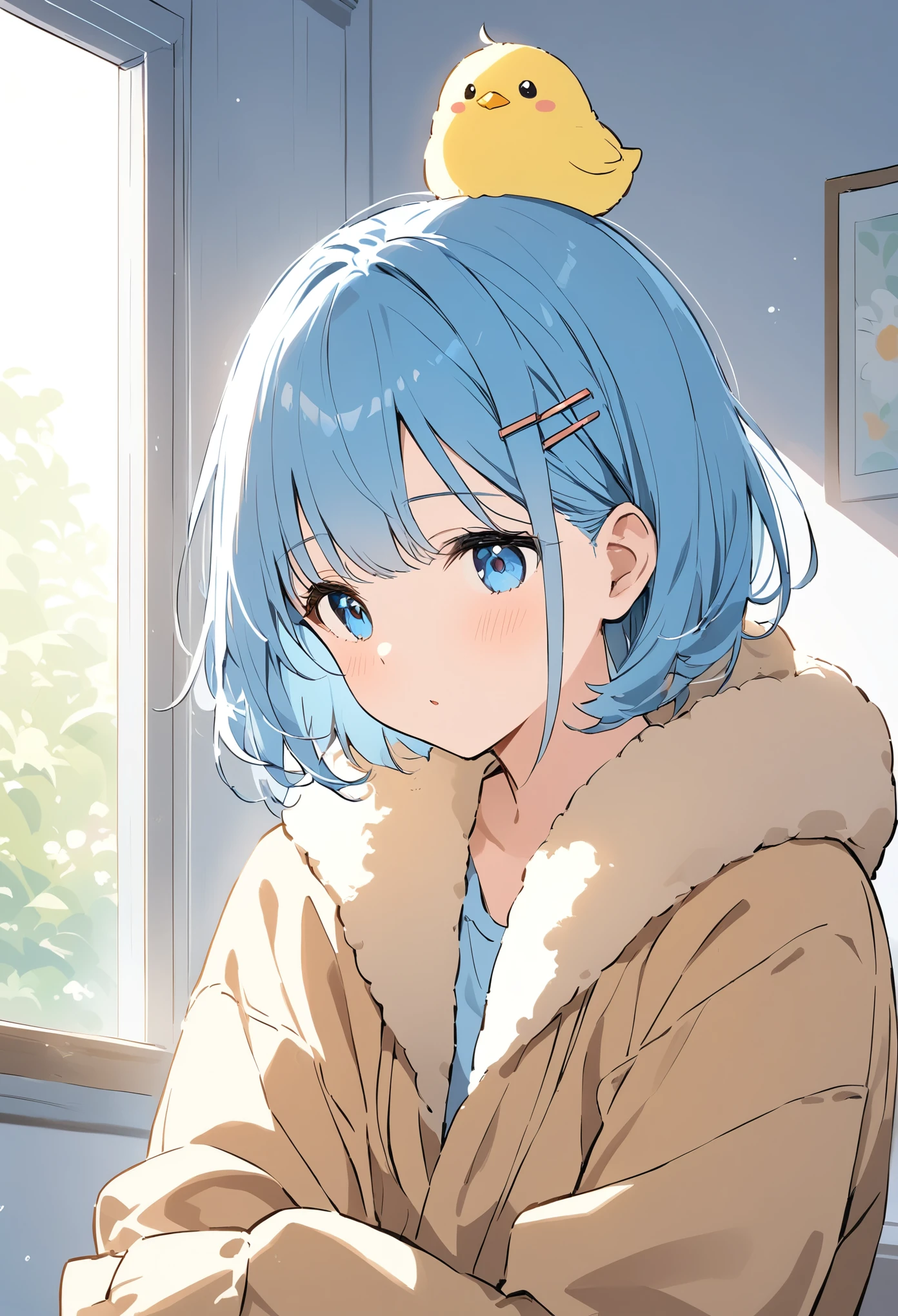 Light line drawing、Light color、 short hair、hairpin、Blue Eyes、 with chick on head、Everyday Scenes、Warm and fuzzy work 、Warm Works