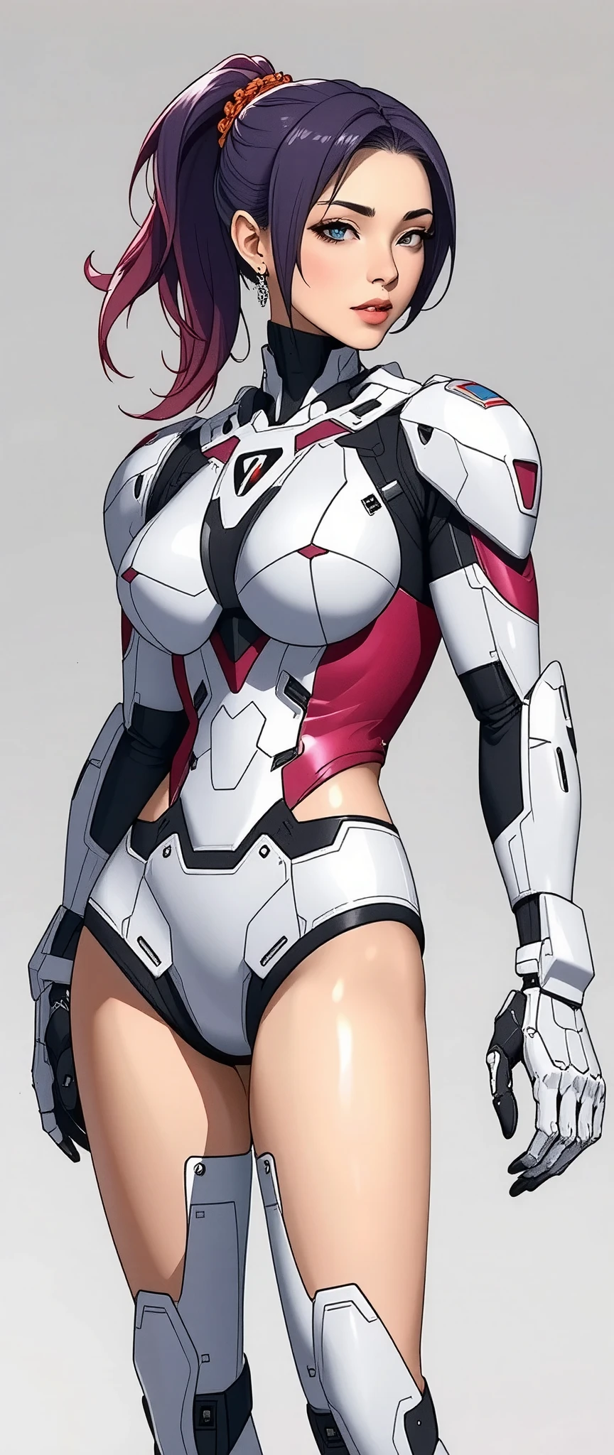 (masterpiece:1.2,Outstanding quality,Mirror finish,  A Cinematic Experience ),16k, wallpaper,(semi-realistic android woman:2.0),(whole body:2.0), flat color ,(Beautiful android woman with gray and white background :2.0),( cyberpunk:2.0),( Anime Artwork ), Beautiful Gradients ,( super sexy:2.0),( Perfect Proportions :2.0),(Purple Hair),(Shiny purple bodysuit),( Sexy Poses:2.0)