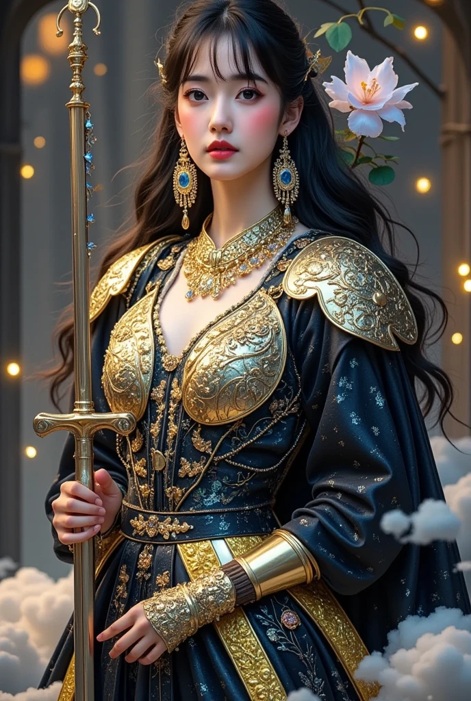  female painting with sword armor ，Golden Armor，Beautiful female knight，Light Gold， gold obsidian armor ， gold goddess Athena ，光滑Golden Armor，（膝盖射击：1.5），Sexy， blue eyes，Extra large chest， huge chest gorgeous jewelry，Lips slightly parted， keep lips elegant and charming ，（Blush），Contempt，Calm and handsome ， oc rendering reflective texture ，Sexy风格， medieval castle background ，Slendegure，Extremely thin waist，（ upright nipples with grooves ），masterpiece， best quality， high resolution ，8k，Original image，Real shot，Digital photography，（ Ultra HD， Anatomically correct ，Textured Skin，precise，Awards）