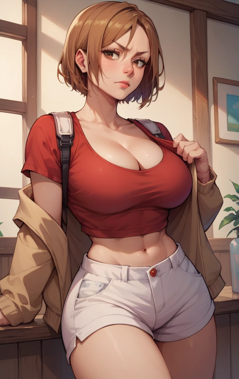 kugisaki nobaraXL, 1girl, solo, short hair, bangs, large breasts, brown hair, brown eyes, red croptop, cleavage, white shorts, red underwear