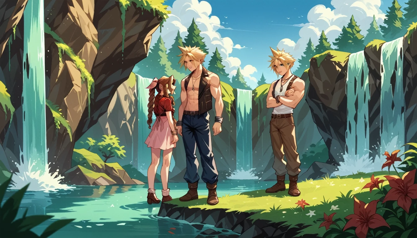 Aerith Gainsborough enter in a waterfall, a man as Cloud Strife is next to her.