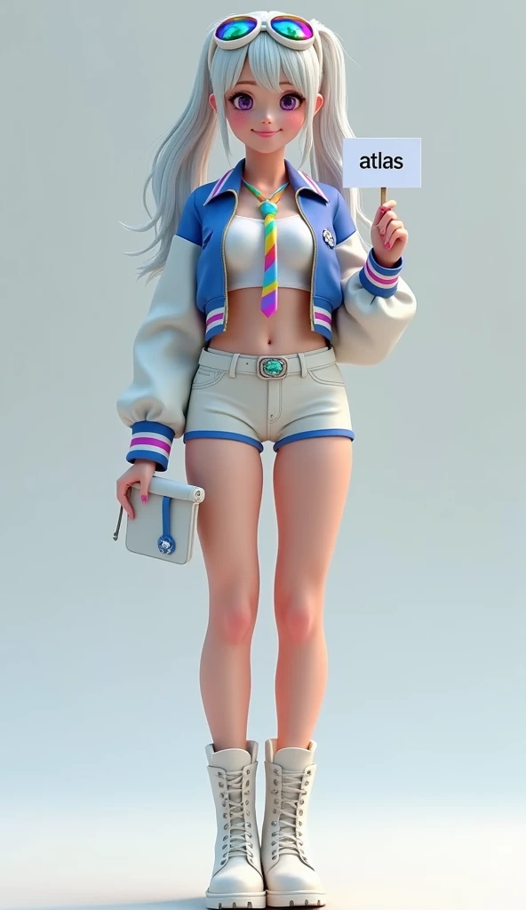 Super realistic illustration, Cinema 4D rendering, 1 girl, solo, full body, Standing, contrapposto, smiling, purple eyes, ponytail silver hair, bangs, wearing white and blue long sleeve short flight jacket over white sleeveless collared crop top, rainbow tie, breasts, earrings, rainbow reflection goggles on head, midriff, low rise shorts, high cut shorts, Inguinal groove, waist belt with shining blue stone buckle, thighs, translucent pantyhose, lace-up military short boots, holding a sign "Atlas" on it, simple background