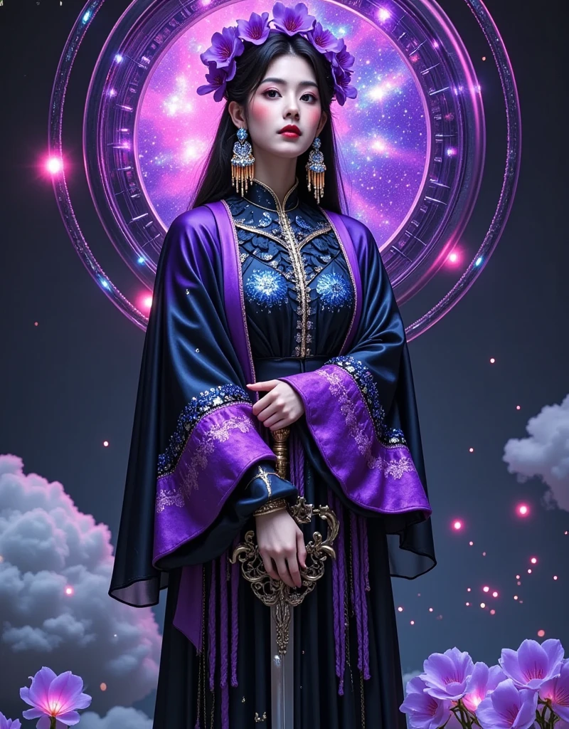  Dark Purple Light and Shadow ，《League of Legends》Game Characters，Goddess of the moon，Dark Star Theme ，Space Queen，Mysterious and powerful， Starry Sky or Cosmic Background ， Purple Robe ， Tassel Decor ，Purple long hair， Decorations with galaxy elements ， Mysterious Eyes ， Purple or blue eyeshadow ，一把 Purple Robe 的剑， with a dark purple glow surrounding the sword body ，Standing， fighting posture ，Holding a sword blade，Prepare to attack， Dark Star Queen Diana ， may be surrounded by a dark purple aura or energy field， and Galaxy Fragments ， Emphasize mystery and power ， Dark blue and black ， Galaxy on clothing and weapons The pattern should be exquisite ， Constellation or nebula shape ，In purple、 Purple or blue eyeshadow ， may contain silver or gold decorations 
